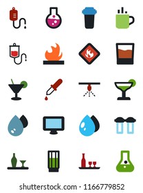 Color and black flat icon set - hot cup vector, water drop, dropper, flammable, monitor, alcohol, drink, cocktail, filter, sprinkler, flask