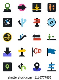 Color and black flat icon set - elevator vector, escalator, signpost, right arrow, wind, radar, route, pin, download, place tag, compass, flag, guidepost