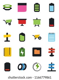Color and black flat icon set - notepad vector, presentation board, wheelbarrow, signpost, battery, low, folder, charge, blank box, plates, guidepost