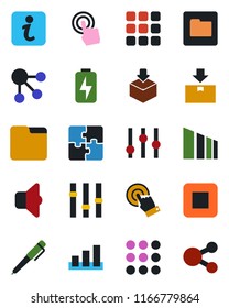 Color and black flat icon set - package vector, sorting, settings, touch screen, stop button, menu, folder, charge, application, pen, sound, information, social media