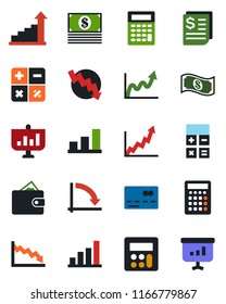Color and black flat icon set - credit card vector, growth statistic, calculator, crisis graph, receipt, bar, wallet, cash, presentation