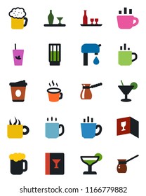 Color and black flat icon set - hot cup vector, coffee, water supply, alcohol, wine card, drink, cocktail, phyto bar, beer, turkish