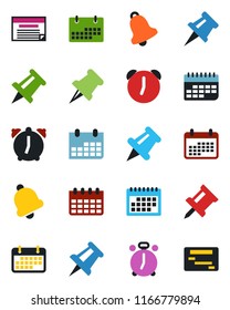 Color and black flat icon set - alarm clock vector, drawing pin, calendar, term, paper, bell, schedule