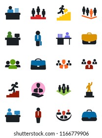 Color and black flat icon set - manager vector, pedestal, team, place, client, case, company, desk, career ladder, group