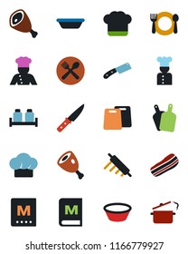 Color and black flat icon set - cook vector, cafe, hat, menu, bacon, salt and pepper, ham, bowl, rolling pin, cutting board, knife, steaming pan
