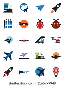 Color and black flat icon set - plane vector, departure, ladder car, boarding, helicopter, seat map, globe, airport building, lady bug, rocket, paper, air balloon