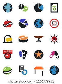 Color and black flat icon set - no laptop vector, ticket office, document reload, pills, diet, earth, pie graph, table, police, alarm led