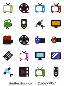 Color and black flat icon set - tv vector, reel, satellite, video camera, remote control, monitor