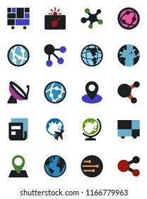 Color and black flat icon set - satellite antenna vector, bomb in case, globe, plane, earth, pin, consolidated cargo, network, share, news, social media