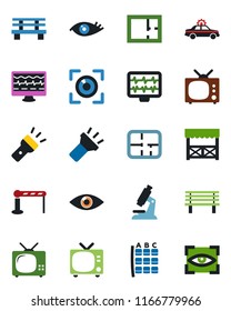 Color and black flat icon set - barrier vector, tv, alarm car, seat map, bench, monitor pulse, microscope, eye, torch, plan, alcove, scan
