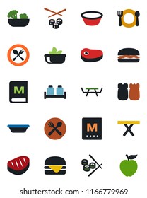 Color and black flat icon set - spoon and fork vector, picnic table, cafe, menu, salad, salt pepper, steak, hamburger, bowl, sushi, apple fruit