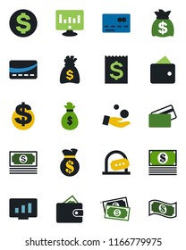 Color and black flat icon set - credit card vector, ticket office, dollar sign, money bag, statistic monitor, cash, receipt, wallet, investment