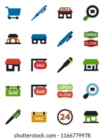 Color and black flat icon set - 24 around vector, pen, store, search cargo, sale, sold signboard, cafe building, open close, cart, storefront