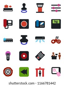 Color and black flat icon set - airport tower vector, baggage conveyor, passport control, security gate, stamp, scales, gamepad, remote, rewind, rec button, tuning, record, air conditioner, home app