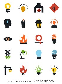 Color and black flat icon set - brainstorm vector, bulb, fire, garden light, eye, traffic, brightness, desk lamp, fireplace, candle, smoke detector, energy saving, outdoor, shining head, idea