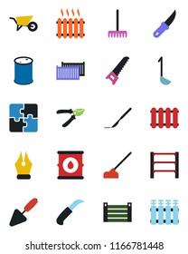 Color and black flat icon set - trowel vector, rake, wheelbarrow, pruner, saw, hoe, garden knife, scalpel, cargo container, oil barrel, rack, application, ink pen, heater, ladle, radiator