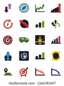 Color and black flat icon set - growth statistic vector, crisis graph, route, navigation, data exchange, download, compass, update, bar, moving, target, arrow up, clock