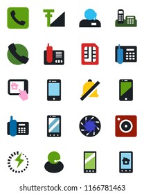 Color and black flat icon set - mobile phone vector, office, support, cell, radio, call, camera, sim, mute, cellular signal, charge, home control app