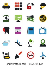 Color and black flat icon set - escalator vector, no smoking, radar, statistic monitor, contract, trowel, well, caries, pin, cash, tv, menu, copybook, desk lamp, printer, waiter, steaming pan