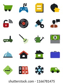 Color and black flat icon set - smoking place vector, speaking man, case, document, rake, watering can, house, satellite, vinyl, gamepad, paper binder, dish, wireless lock, router, snowflake, cart
