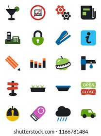 Color and black flat icon set - no laptop vector, seedling, rain, drip irrigation, lungs, diet, signpost, news, equalizer, lock, office phone, pencil, stapler, cocktail, open close, bowl, gear, car