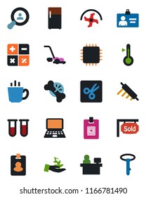 Color and black flat icon set - identity card vector, calculator, notebook pc, manager place, ripper, lawn mower, blood test vial, broken bone, cut, sold signboard, client search, coffee, chip, pass