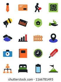 Color and black flat icon set - camera vector, clouds, hierarchy, tie, fence, thermometer, pin, clock, barcode, microphone, battery, mail, copybook, bar graph, manager, bedroom, estate insurance
