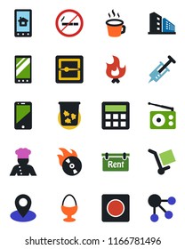 Color and black flat icon set - no smoking vector, trash bin, fire, syringe, pin, cargo, flame disk, radio, cell phone, mobile, calculator, record, scanner, coffee, rent, office building, cook