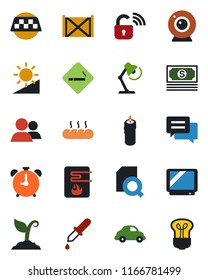 Color and black flat icon set - taxi vector, alarm clock, smoking place, sproute, dropper, cash, car delivery, container, tv, group, message, brightness, document search, desk lamp, bread, candle