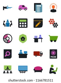 Color and black flat icon set - waiting area vector, passport, boarding, document search, manager place, circle chart, truck trailer, car delivery, calculator, notes, desk, meeting, hierarchy, gear
