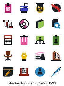 Color and black flat icon set - trash bin vector, contract, office building, identity card, abacus, crisis graph, factory, circle chart, user, notes, document search, calculator, ink pen, chair