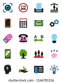Color and black flat icon set - no laptop vector, gear, pedestal, brainstorm, bulb, tree, well, 24 hours, route, mobile, phone back, calculator, office, paper tray, rent, eye scan, usb flash, idea