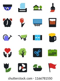 Color and black flat icon set - automatic door vector, tree, watering can, wheelbarrow, heart hand, truck trailer, tulip, themes, alarm, cut, calendar, paper tray, house with, drink, beer, salad