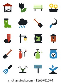 Color and black flat icon set - job vector, garden fork, shovel, boot, rain, sickle, plant label, bench, light, bird house, sprayer, fertilizer, tulip, flower in pot, alcove, irrigation