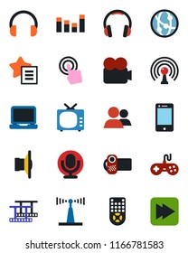Color and black flat icon set - film frame vector, antenna, speaker, tv, gamepad, equalizer, video camera, microphone, remote control, network, cell phone, touch screen, headphones, laptop pc, group