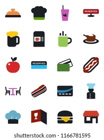 Color and black flat icon set - hot cup vector, cafe, coffee machine, cook, hat, wine card, reserved, reception, phyto bar, beer, bacon, credit, chicken, hamburger, dog, apple fruit, storefront