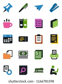 Color and black flat icon set - ticket vector, book, document search, coffee, drawing pin, reload, printer, cash, receipt, folder, calendar, clipboard, blank box, checklist, contract, pen, stapler
