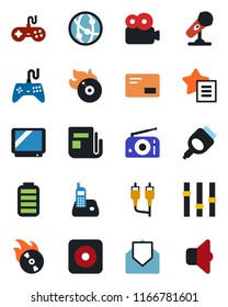 Color and black flat icon set - flame disk vector, microphone, radio, news, gamepad, settings, tv, network, phone, favorites list, battery, mail, rec button, rca, hdmi, video, sound