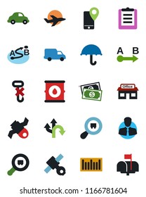 Color and black flat icon set - route vector, store, plane, satellite, cash, client, mobile tracking, car delivery, clipboard, umbrella, no hook, oil barrel, search cargo, barcode, mailbox