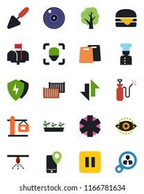 Color and black flat icon set - trowel vector, tree, seedling, garden sprayer, ambulance star, mobile tracking, cargo container, vinyl, pause button, protect, data exchange, face id, eye, crane