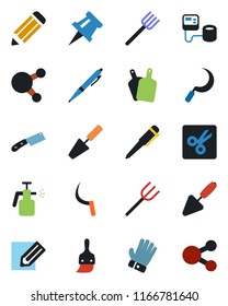 Color and black flat icon set - pen vector, pencil, trowel, farm fork, glove, sickle, garden sprayer, blood pressure, share, themes, cut, drawing pin, cutting board, knife, social media