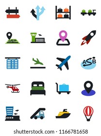 Color and black flat icon set - plane vector, arrival, baggage trolley, signpost, larry, ladder car, helicopter, flight table, luggage storage, airport building, route, navigation, pin, sea shipping