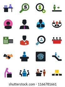 Color and black flat icon set - passport control vector, escalator, baby room, reception, handshake, hospital, doctor, patient, client, fingerprint id, company, manager desk, meeting, search, money