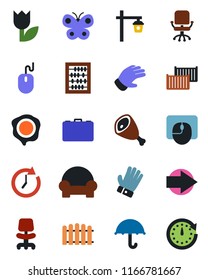 Color and black flat icon set - right arrow vector, office chair, case, abacus, mouse, stamp, fence, glove, butterfly, garden light, cargo container, umbrella, tulip, cushioned furniture, ham, clock