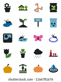 Color and black flat icon set - flower in pot vector, sproute, butterfly, rain, well, plant label, pumpkin, seeds, pond, fertilizer, tulip, gallery, house with tree, windmill, alcohol, water