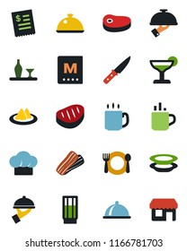 Color and black flat icon set - hot cup vector, coffee, dish, alcohol, serviette, cafe, cook hat, menu, drink, cocktail, plates, bacon, waiter, restaurant receipt, steak, knife, storefront