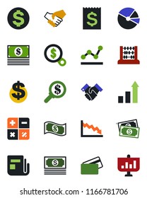 Color and black flat icon set - growth statistic vector, dollar sign, calculator, abacus, cash, receipt, news, pie graph, point, handshake, credit card, crisis, money search, presentation