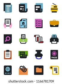 Color and black flat icon set - passport vector, contract, document search, printer, news, folder, clipboard, paper clip, checklist, copier, stamp, estate, case