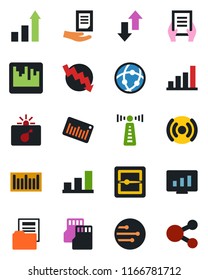 Color and black flat icon set - antenna vector, bomb in case, growth statistic, crisis graph, document, monitor, barcode, scanner, sd, network, data exchange, bar, folder, wireless, social media