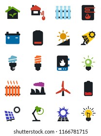 Color and black flat icon set - factory vector, low battery, brightness, desk lamp, sun panel, windmill, heater, home control, eco house, water, radiator, bulb, energy saving, idea